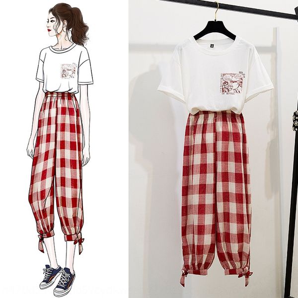 

повседневный костюм граффити интернет знаменитости эластичный пояс плед capri брюки брюки двухсекционный хлопка футболки хлопок футболки кос, Gray