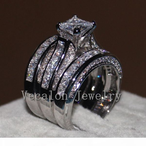 

vecalon fine jewelry princess cut 20ct 5a zircon cz wedding band ring set for women 14kt white gold filled finger ring, Slivery;golden