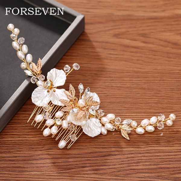 

luxury pearl flower wedding hair comb bridal hair accessories for women head jewelry handmade bridal comb wedding headpiece, Golden;silver