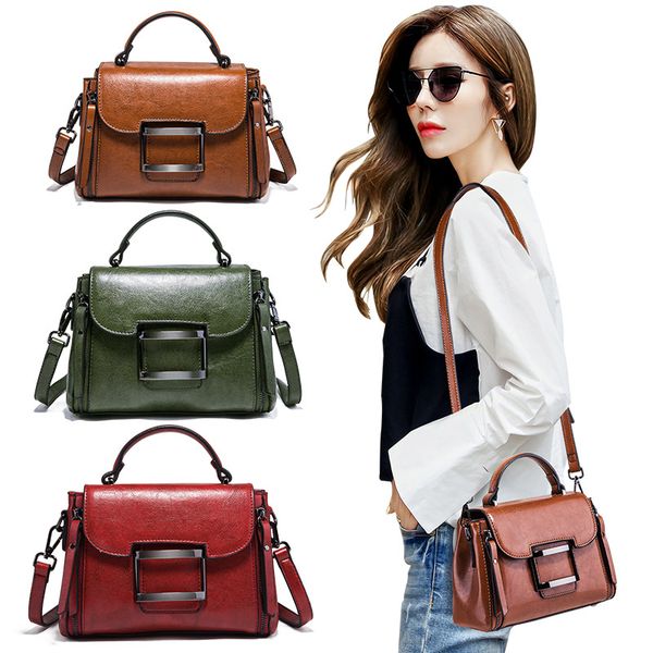 

new oil wax leather women's handbag fashion square metal shoulder messenger bag luxury design ladies tote bag wallet travel