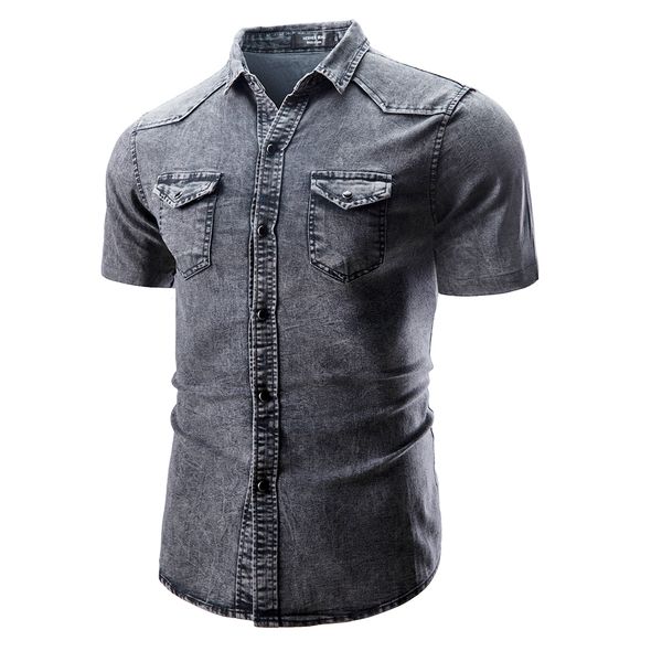 

lapel neck denim shirt 2020 new designer short-sleeved men's blue slim and old washed denim shirt plus size jacket 3xl, Black;brown