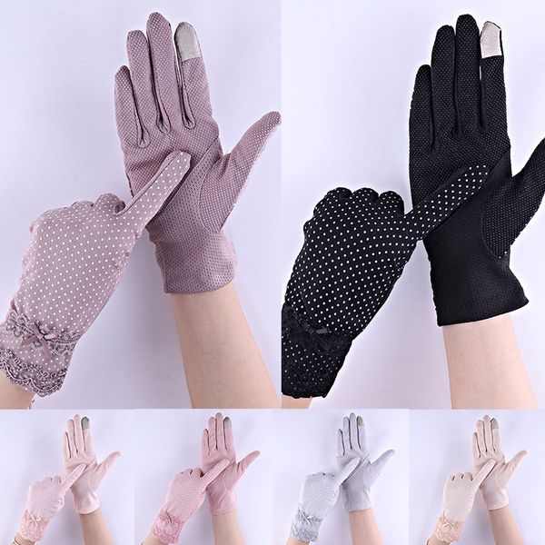 

thin gloves sunscreen gloves driving anti-slip point anti-uv lace bow cotton touch screen women mittens, Blue;gray