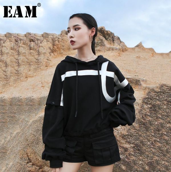 

eam] loose fit striped hit color sweatshirt new hooded long sleeve women big size fashion tide spring autumn 2020 1a957, Black