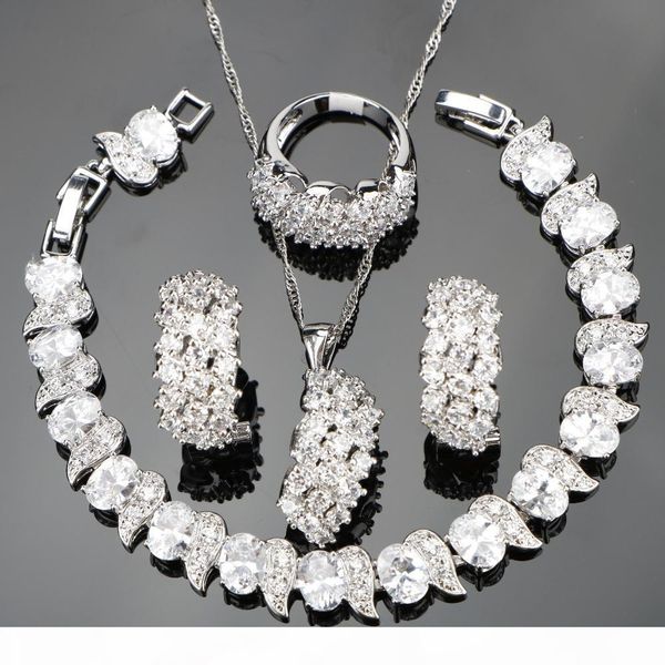 

white zircon silver 925 wedding costume jewelry sets women bracelets clip earrings pendant necklace rings set jewellery gift box