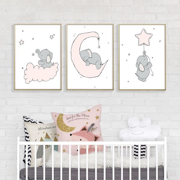 

baby nursery wall art canvas poster print cartoon pink elephant moon painting nordic girl picture children bedroom decor