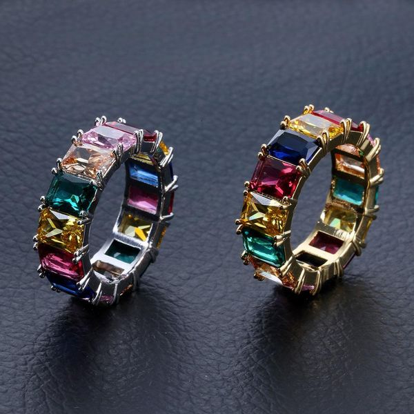 

2020 designer new european and american hip-hop people micro-inlaid zircon ring colorful square zircon rainbow ring, Silver