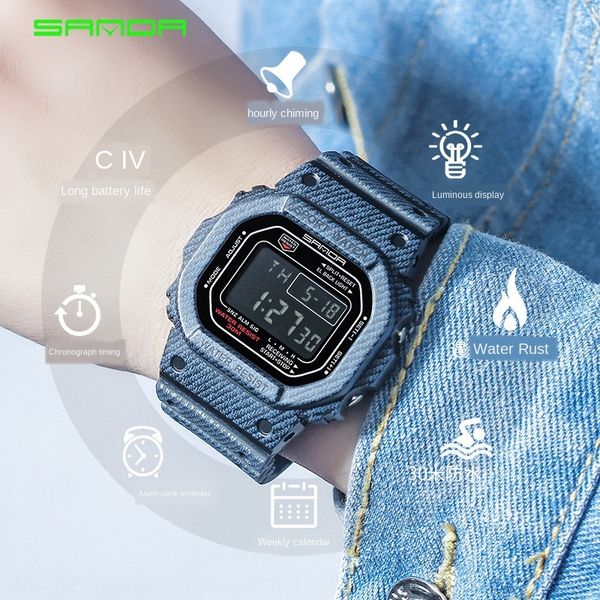 

sanda male and female students electronic electronic i new denim sports waterproof watch couple watch, Blue