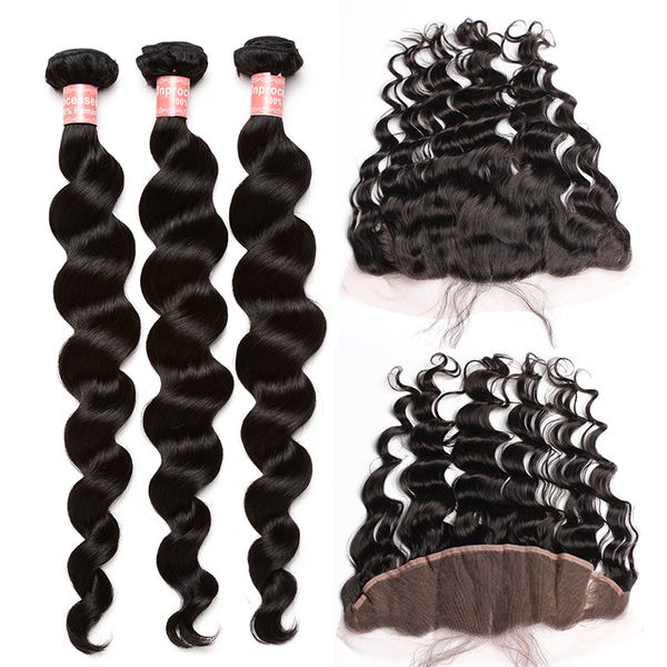 

new 3 human hair bundles with 13x4 lace frontal closure 4pcs/lot brazilian loose wave virgin hair bundles with closure 2020, Black