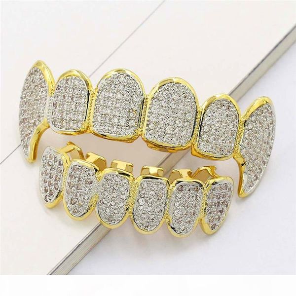 

ice out teeth grillz for men bling bling cubic zirconia hiphop jewelry 18k gold plated halloween vampire grillz, Black