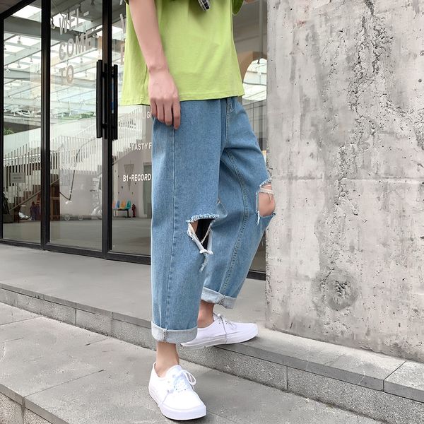 

kaiz kaizhong 2020 summer new trendy brand men's ripped nine-point and jeans loose jeans trendy k851, Blue