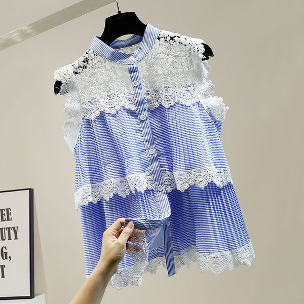 

lace blouse pleated lotus leaf chiffon stitching hollow lace sleeveless single-breasted fashion all-match shirt ladies blouses, White