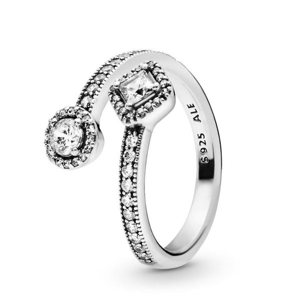 

925 sterling silver sparkling square & circle open ring luxury designer jewelry abstract elegance women rings with pandora original gift box, Slivery;golden