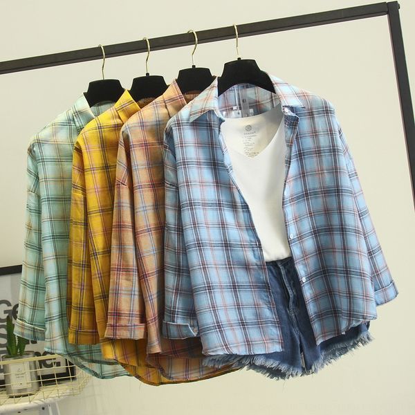 

loose all-match student long-sleeved plaid shirt women's 2019 autumn hipster shirt outer tower, White