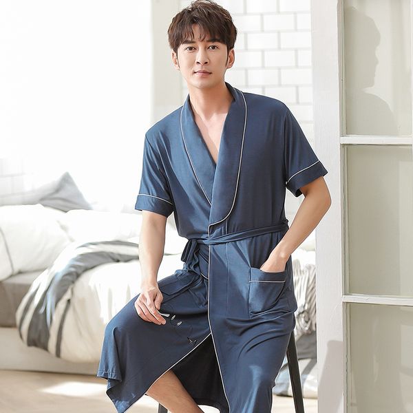 

men's sleepwear 2021 summer bathrobe men soft modal sleep kimono robes for male solid color long bath robe bride dressing gown, Black;brown