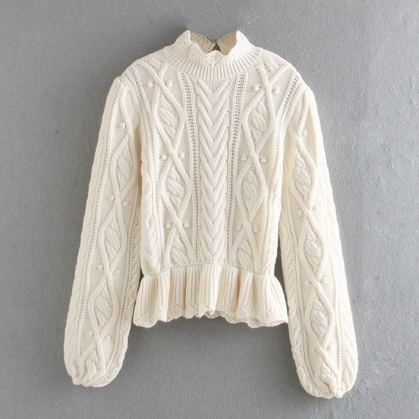 

2020 autumn winter chic women ball twist turtleneck sweater vintage ladies ruffles knitted jumper, White;black
