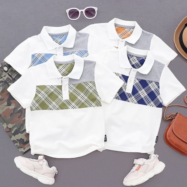 

boys' short-sleeve t- d t-shirt 20 summer baby korean style fashionable lapel polo shirt color matching plaid short sleeve, Blue