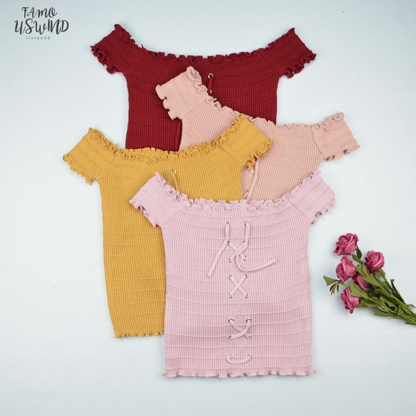 

real ps summer sweet solid lace up slash neck cropped t shirts women short sleeve knit crop female, White