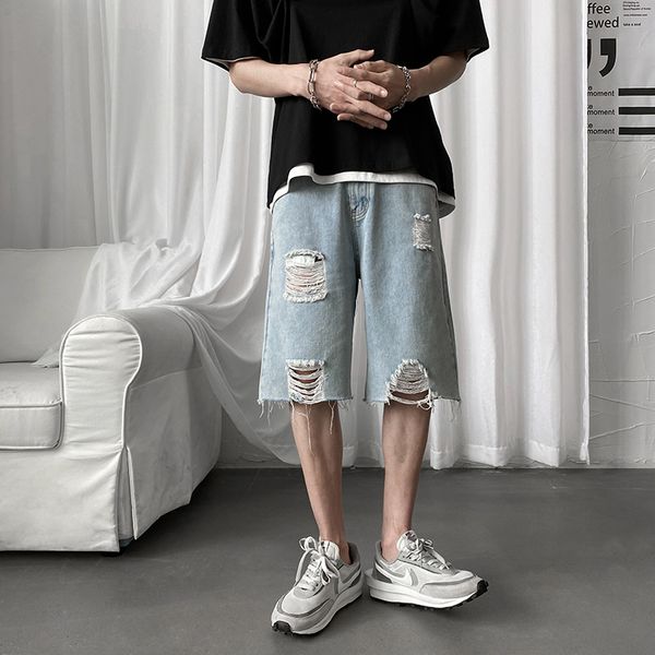 

men's summer denim shorts men's fashion casual loose short jeans high street solid color hole denim shorts, Blue