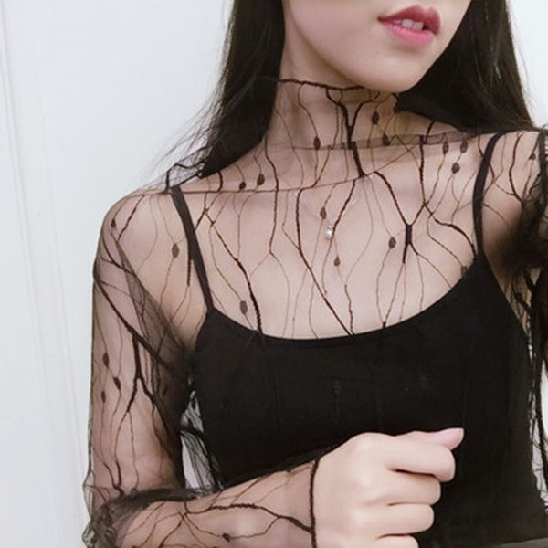 

fashion mesh women long sleeve transparent high solid neck black lace bottoming shirts punk chic t shirt women, White