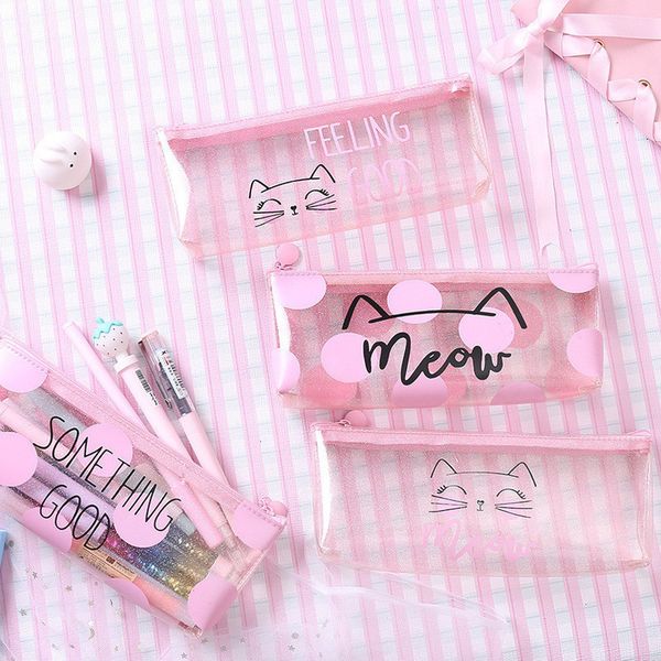 

makeup organizer bag toiletry bathing storage bag women waterproof transparent cute pink cat pvc travel cosmetic bag pencil case