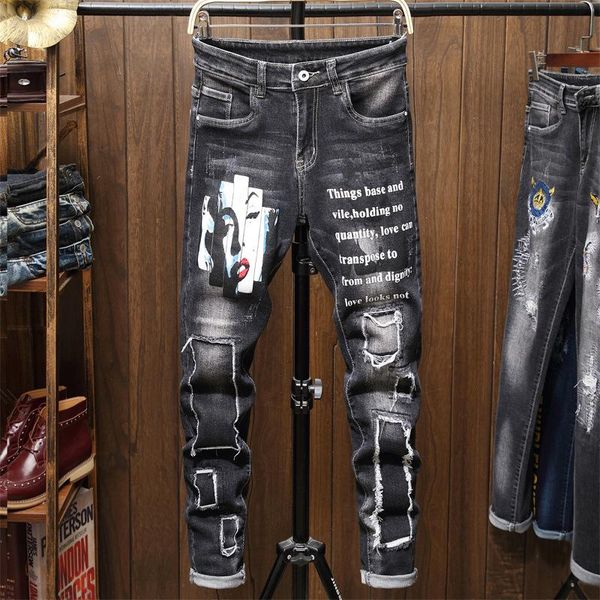 

men's jeans vintage embroidered straight stretch moto slim fit denim pants distressed trousers, Blue