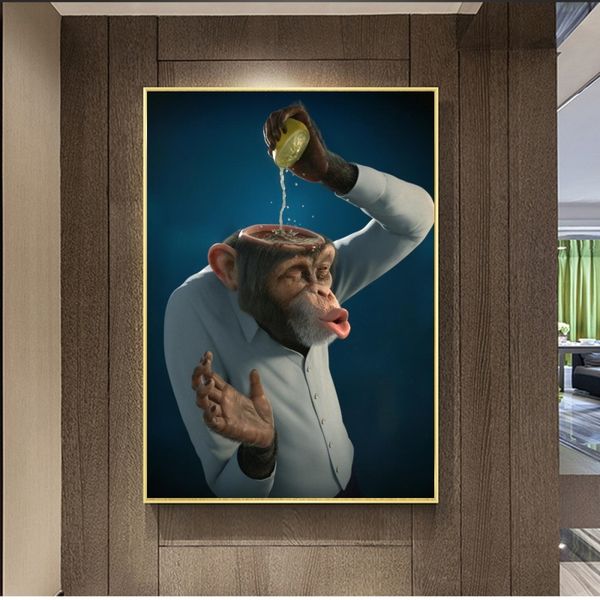 

modern funny monkey canvas paintings on the wall lemon pouring into head creative wall pictures poster and print home decor