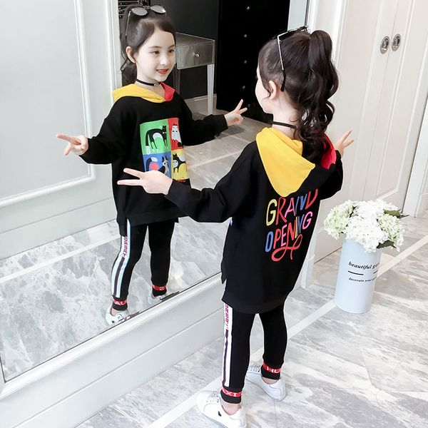 

2020 girls spring autumn fashion new cartoon sports suit children hooded set 2pcs sweatshirt+pants kids casual clothes suit, Black;blue