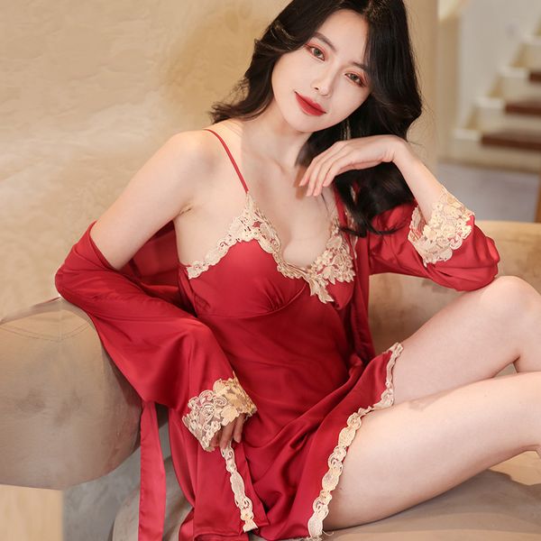 

women's sleepwear lace trim wedding robe set women satin nighty&bathrobe v-neck 2pcs female kimono bath gown casual home wear, Black;red