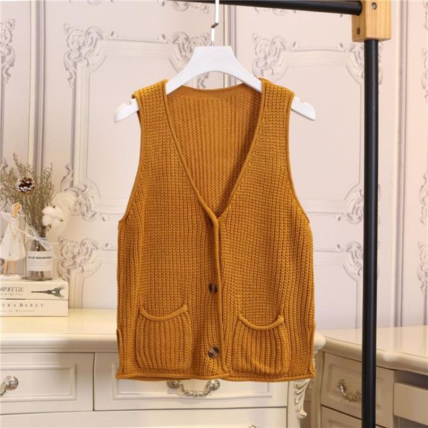 

women's vests v-neck sleeveless short cardigan sweater vest female side pocket decoration single-breasted loose knitted women spring, Black;white