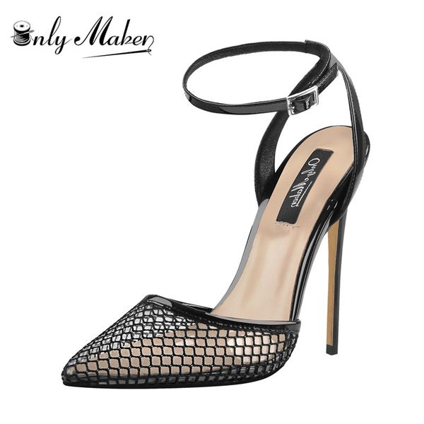 

onlymaker women's ankle strap mesh clear pointed toe 10cm slingback stiletto pumps black sandals shoes for summer
