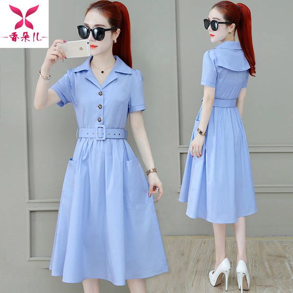 

dress women summer 2020 new solid slim turn collar short sleeve office lady dress s-3xl female, Black;gray