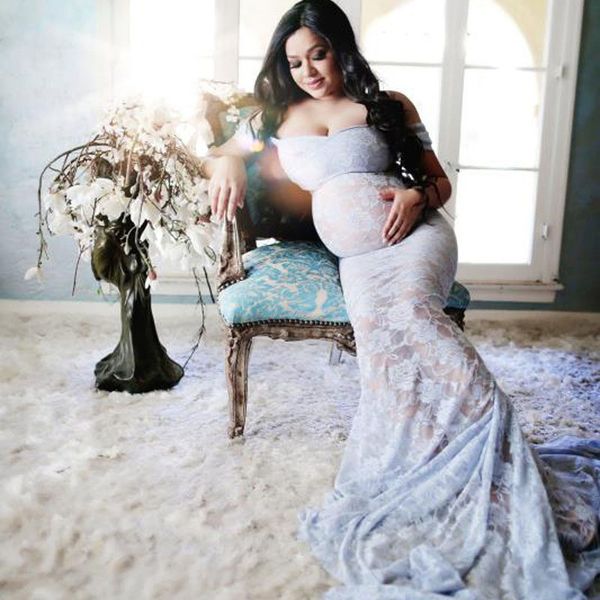 

lace shoulderless pregnancy dress pgraphy long sleeve mesh maternity maxi gowns for p shoot pregnant women dress, White