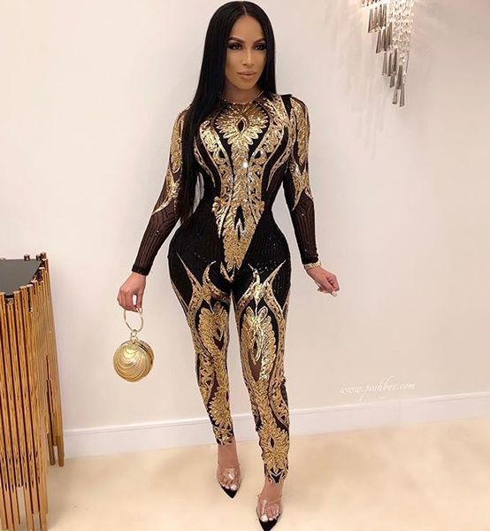 

2020 fashion european and american fashion new sequin high-end womens long-sleeved perspective jumpsuit source factory direct spot, Black;white