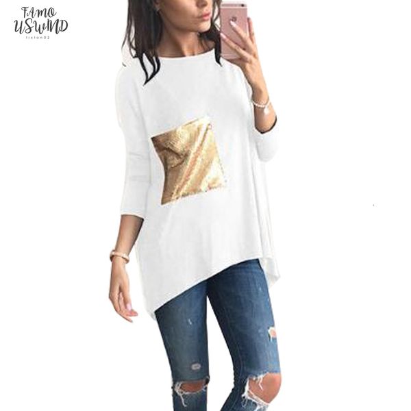 

nice breif t shirts womens asymmetric o neck long bottoming tunic t with sequined tshirts plus size tee lx101, White