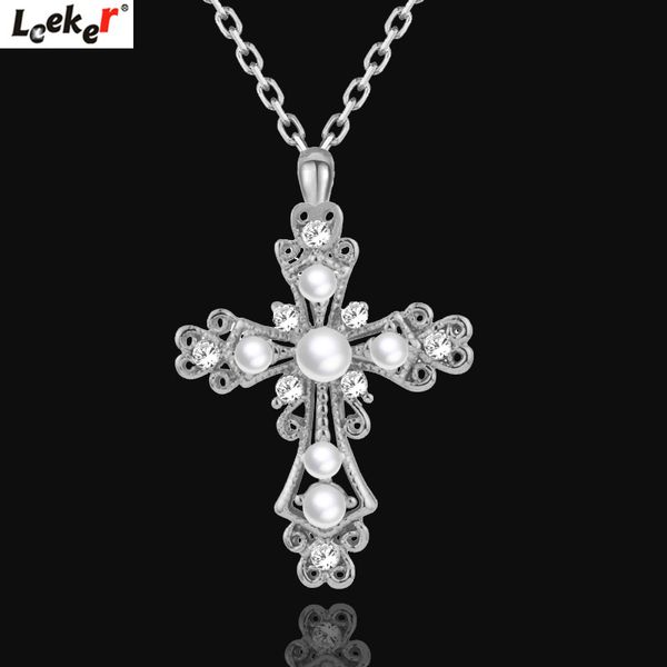

leeker vintage baroque style imitation pearl hollow cross pendant necklace women gold silver color chain 283 lk12