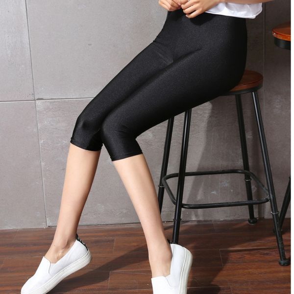 

swne4 2020 new summer wear high waist leggings women's thin slim fit elastic foot-stepping tight tight cropped pants leggings glossy pa, Black