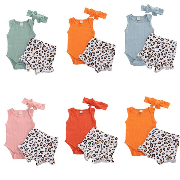 

0-18m newborn infant baby girls clothes sets sleeveless solid romper print shorts headband, White