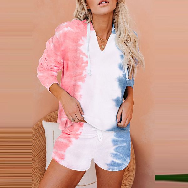 

ins shiying european and american tie-dyed pajamas women summer 2020 new youth knitted long-sleeved shorts home two-piece set 451066sale, Black;red