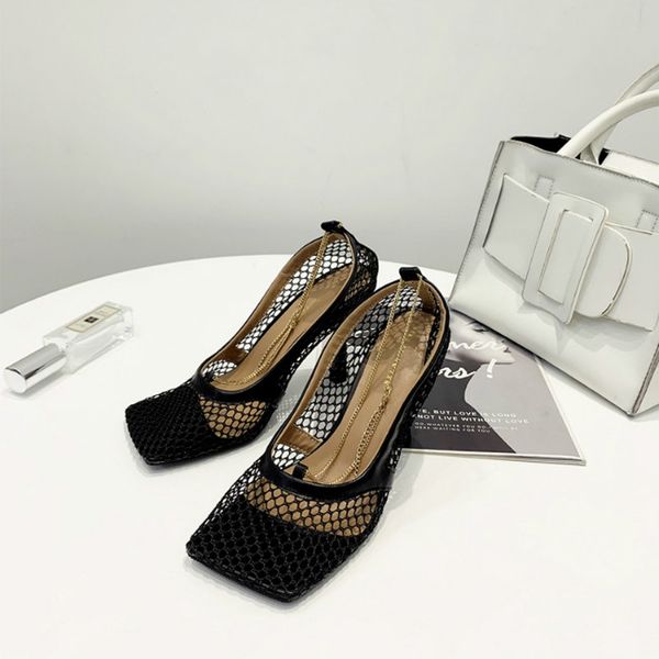 

vintage square toe stretch pumps women gold chain high heels shoes women air mesh designer women's shoes, Black