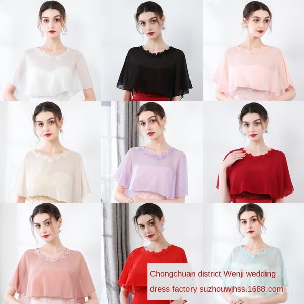 

chiffon shawl with long dress cloak short cloak long skirt skirt black white red champagne korean large size daily, Blue;gray