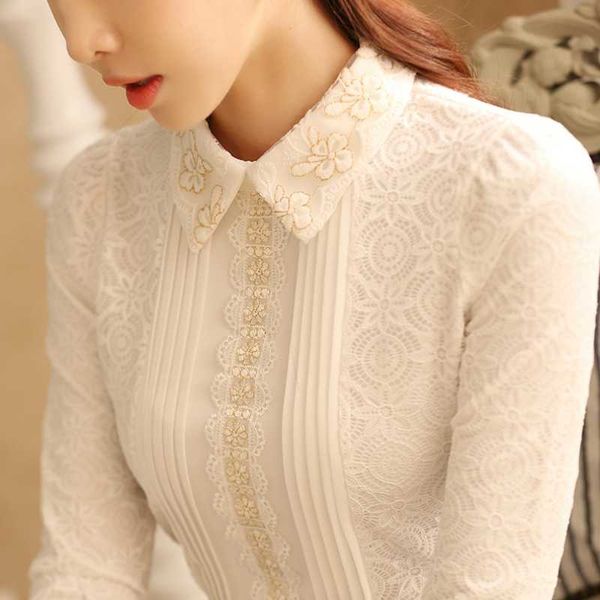 

women's blouses & shirts fashion womens and 2021 clothes lace blouse shirt long sleeve women plus size blusas a547, White