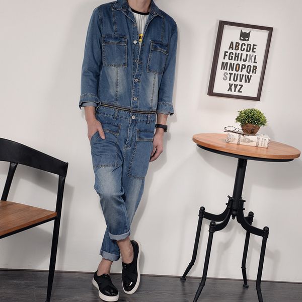 

men's overalls, men's denim suits, retro onesies, denim jacket suits, can be removed, Blue
