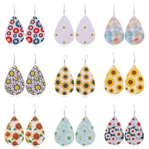 

trendy waterdrop pu leather earrings printed sunflower pattern leather charm pendant eardrop ear hook earring for women jewelry gifts, Silver