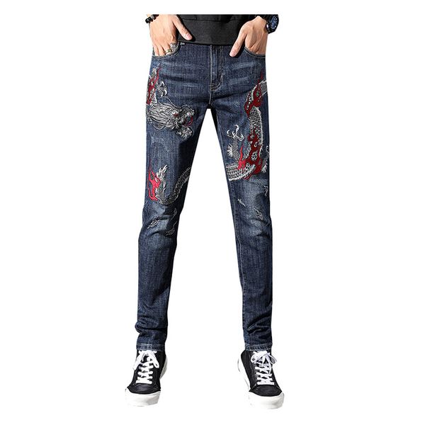 

men's chinese dragon embroidery jeans fashion embroidered slim straight stretch denim pants trousers, Blue