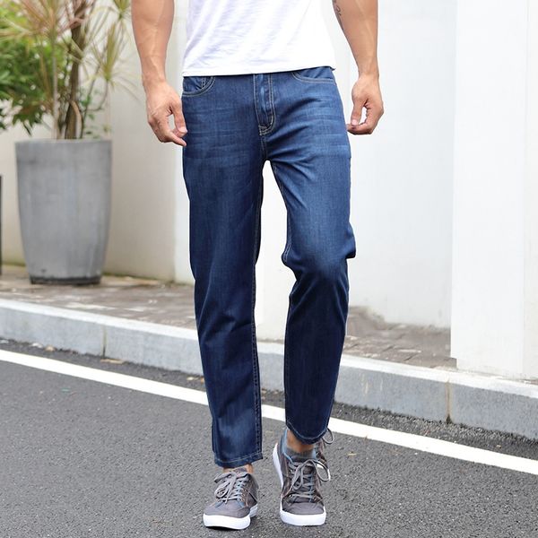 

l2u2e spring and summer loose cotton thin jeans 9-point 9-fen ku 9 fen ku ankle-length men's 9-point pants jeans large size straight pa, Blue