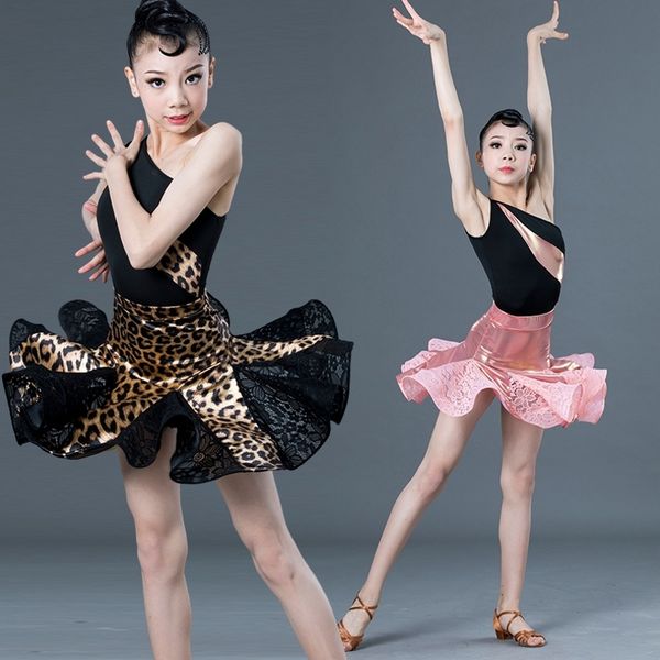 

new latin dance costume for girls ballroom salsa tango skirts kid child leopard latin dance split dress with leotard and skirt, Black;red