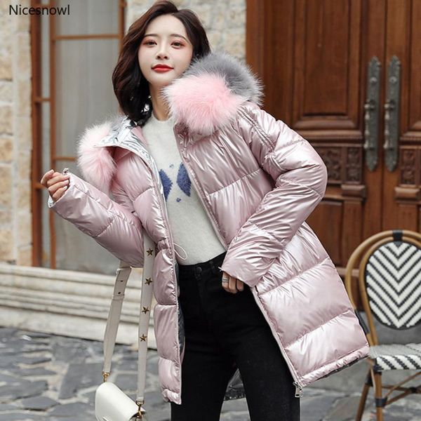 

women's down & parkas winter jacket women warm thicken hooded with fur long coat shinny female, Black