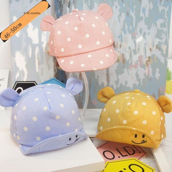 

17 baby baseball baby summer children's baseball cap for boys and girls smiling face ears polka dot cap soft edge infant hat tide, Yellow