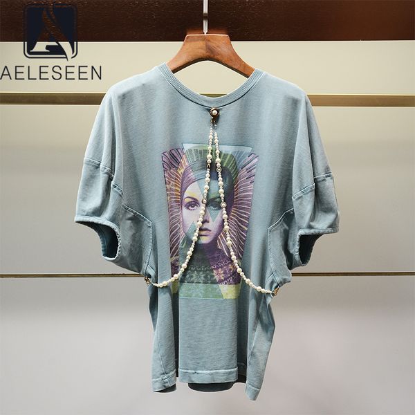 

aeleseen runway fashion blue t-shirts designer loose style t-shirt print luxury pearls chian casual party t-shirts, White