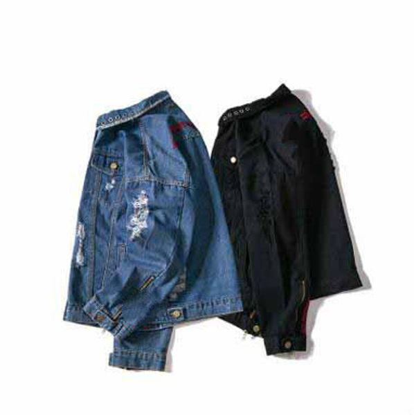 

popular hi-street original design letter embroidery denim jackets men women's sleeve zipper frayed denim coats stand collar slim jacket, Black;brown